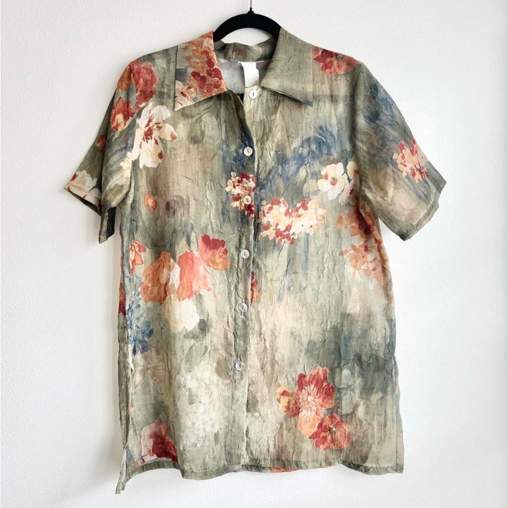 VINTAGE SHEER FLORAL SPRING COLLARED BUTTON UP